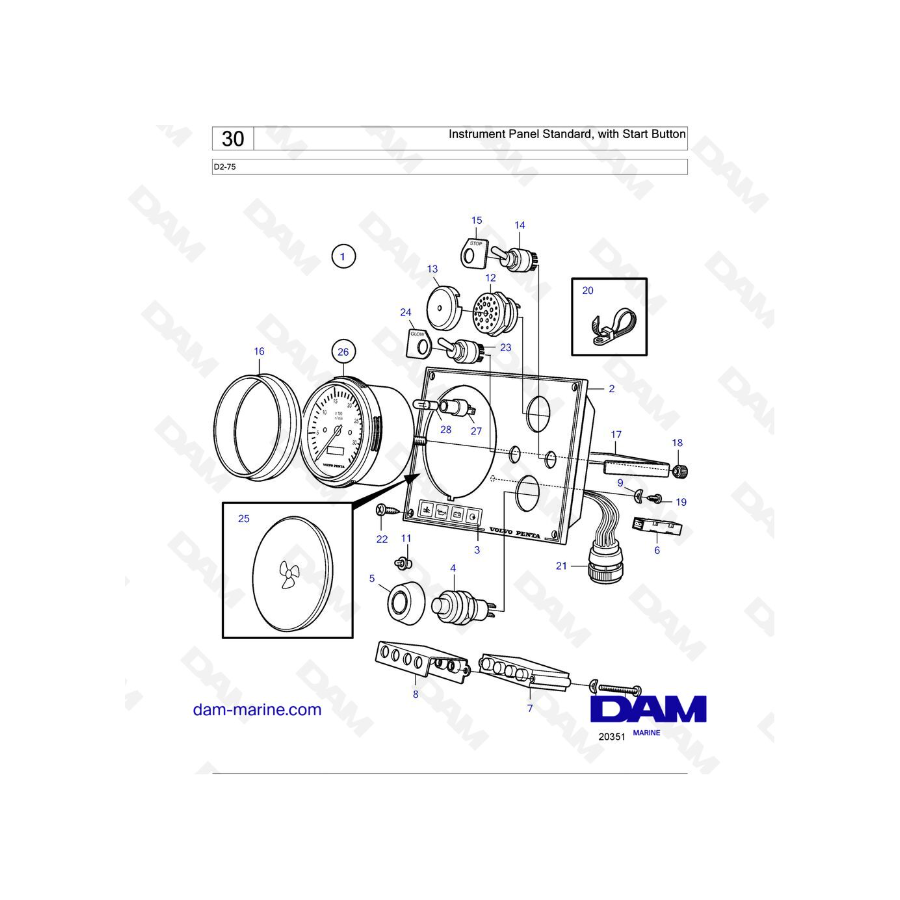 Volvo Penta D2-75 - Panel de instrumentos estándar, con botón de inicio