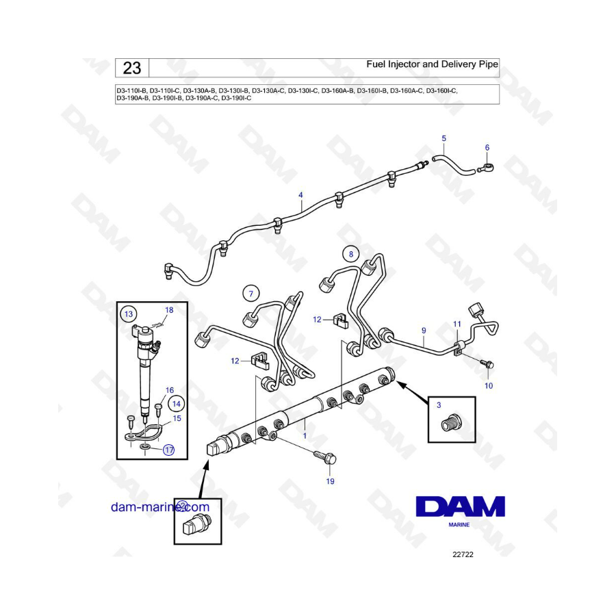 Volvo Penta D3-110 / D3-130 / D3-160 / D3-190 - Fuel injector & delivery pipe