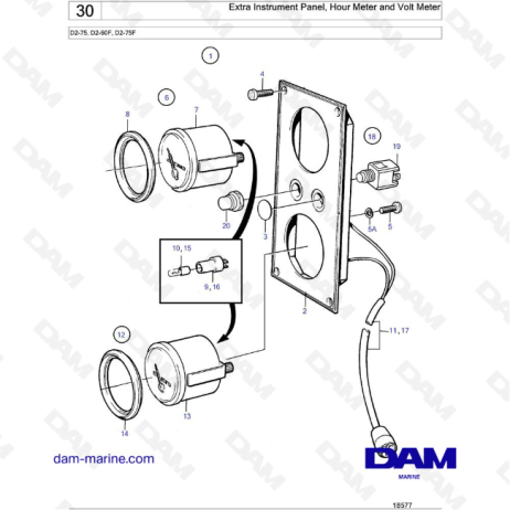 Volvo Penta D2-75 / D2-60F / D2-75F - Extra Instrument Panel, Hour Meter and Volt Meter