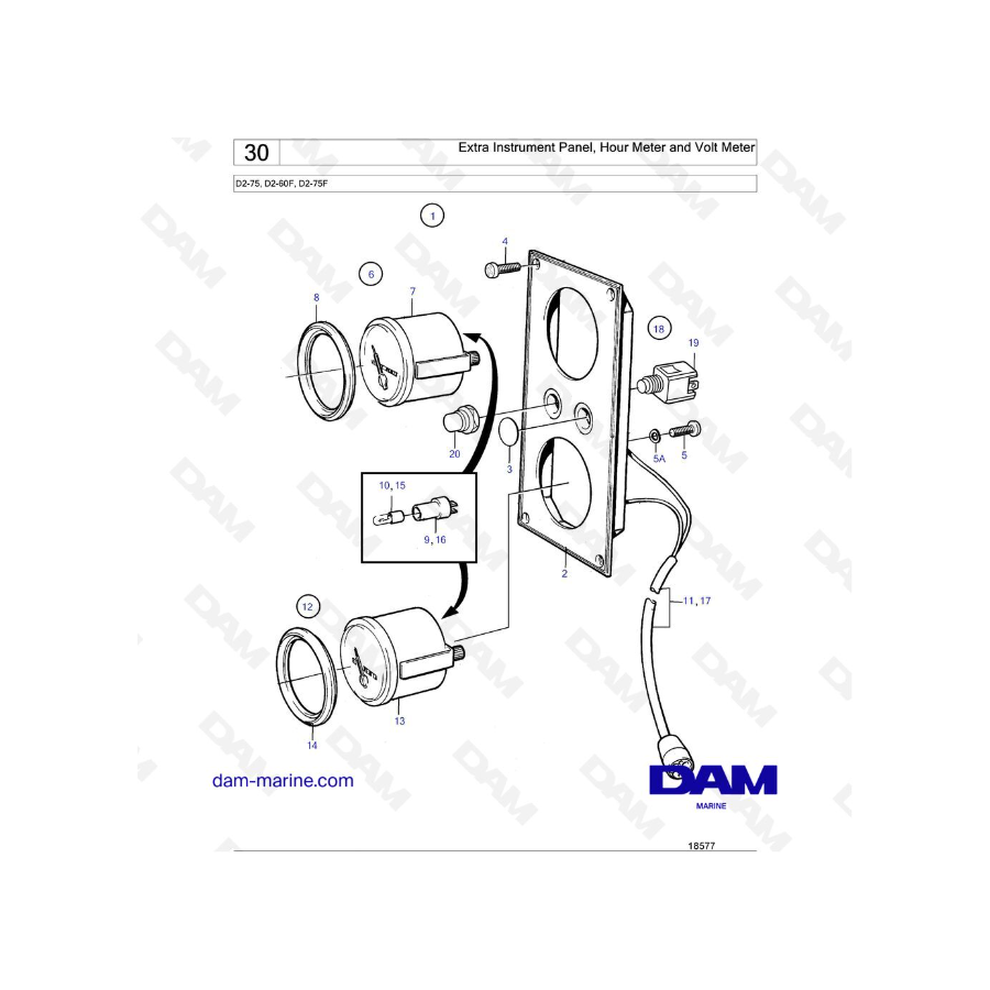 Volvo Penta D2-75 / D2-60F / D2-75F - Extra Instrument Panel, Hour Meter and Volt Meter