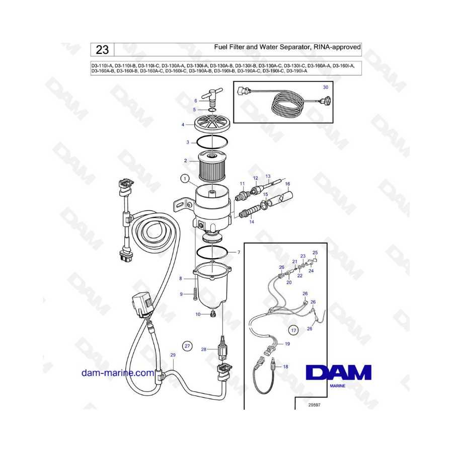 Volvo Penta D3-110 / D3-130 / D3-160 / D3-190 - Filtro de combustible y separador de agua, aprobado por RINA