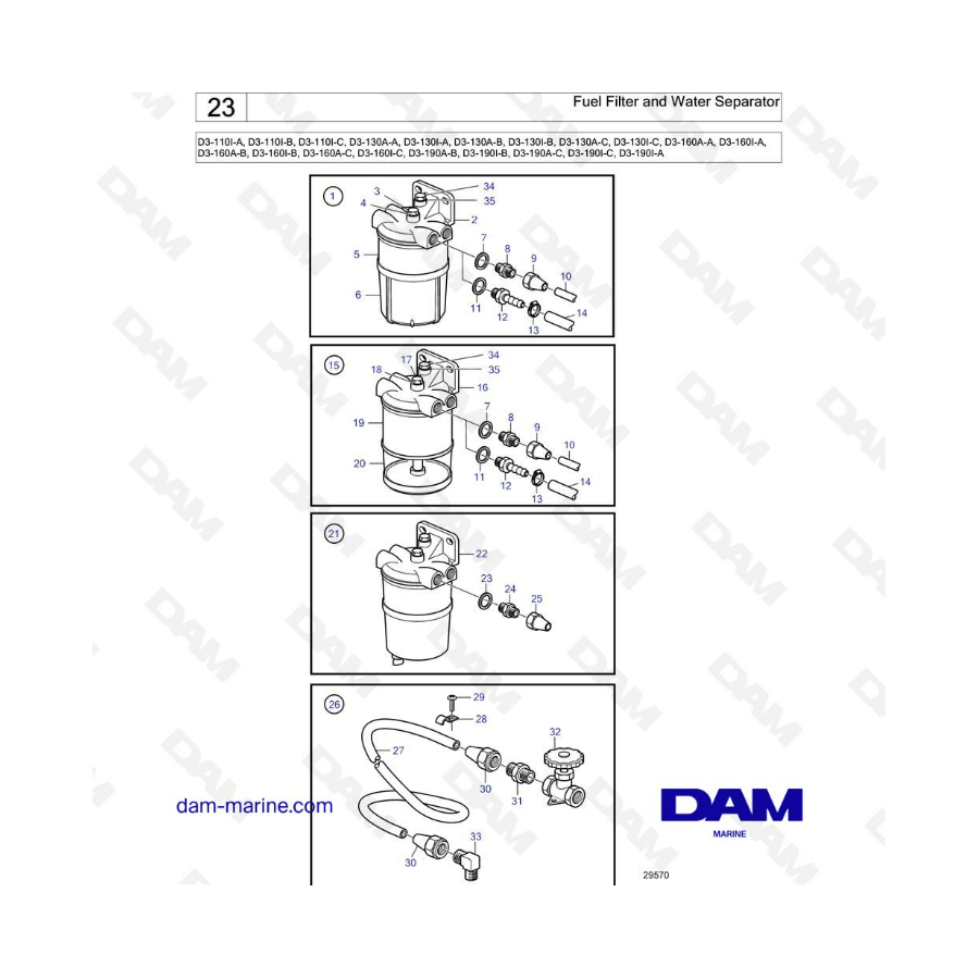 Volvo Penta D3-110 / D3-130 / D3-160 / D3-190 - Filtro de combustible y separador de agua