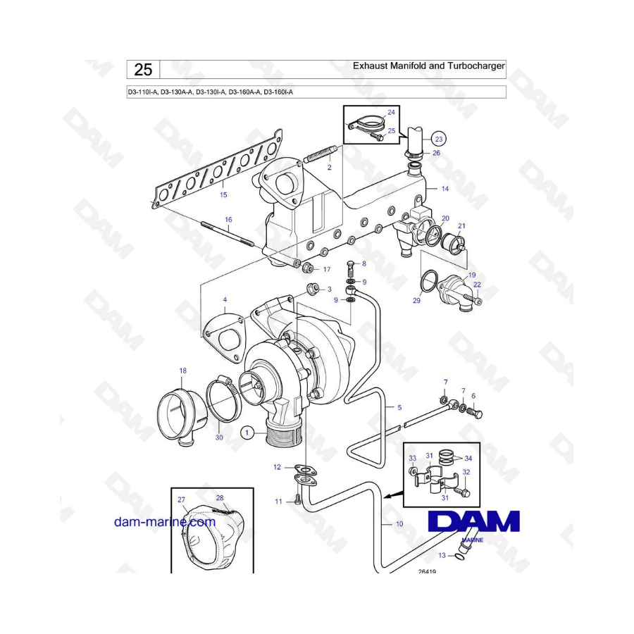 Volvo Penta D3-110I-A / D3-130A-A / D3-130I-A / D3-160A-A / D3-160I-A - Colector de escape y turbocompresor