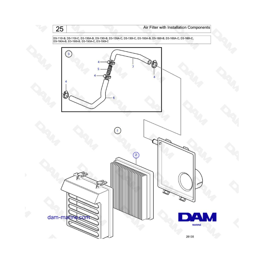 Volvo Penta D3-110  / D3-130 / D3-160 / D3-190 - Air filter with installation components