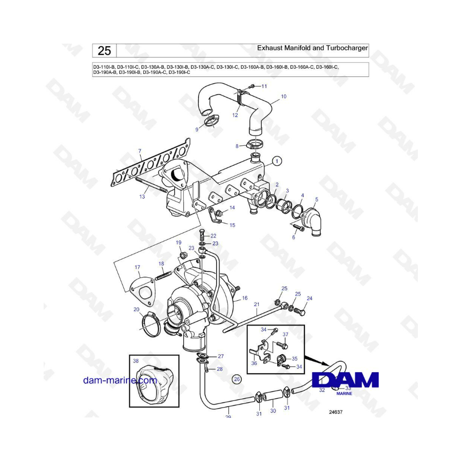 Volvo Penta D3-110 / D3-130 / D3-160 / D3-190 - Colector de escape y turbocompresor