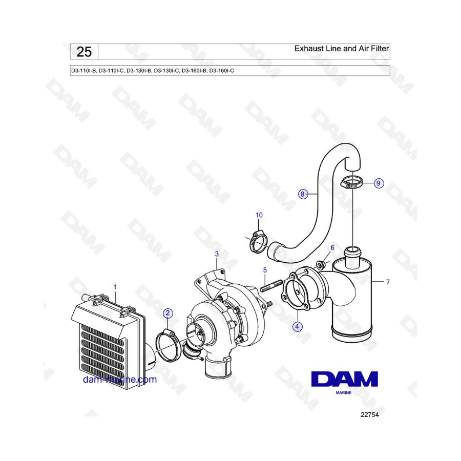 Volvo Penta D3-110 / D3-130 / D3-160 - Exhaust line & air filter