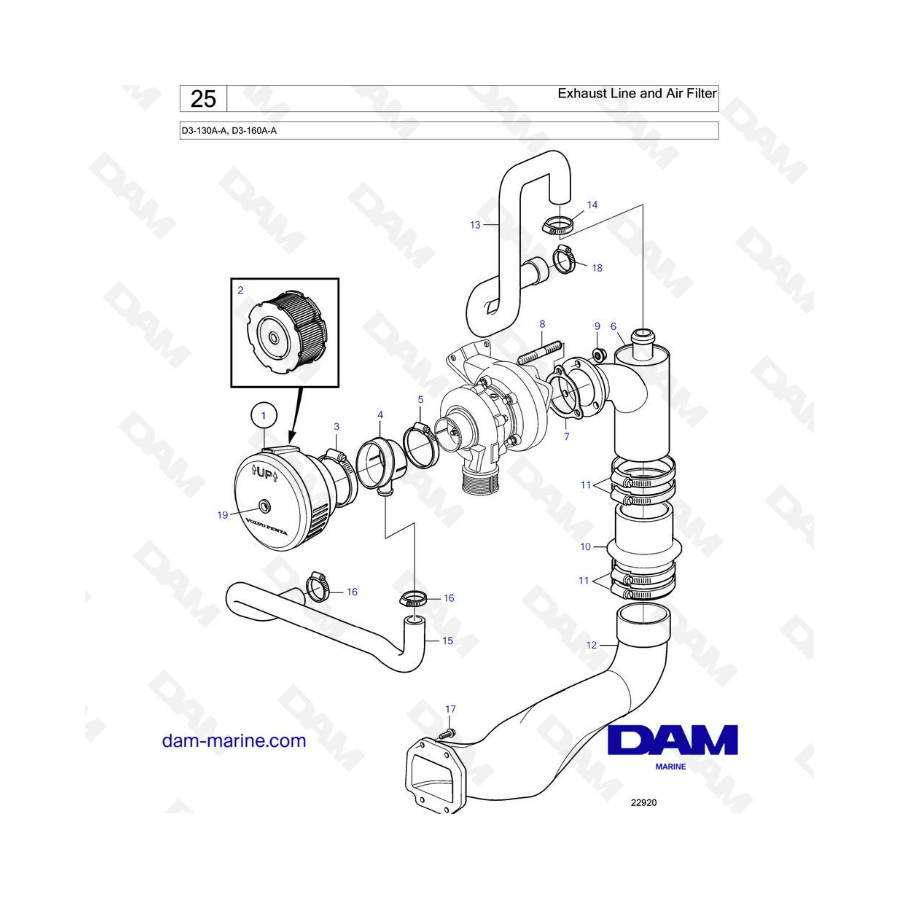 Volvo Penta D3-130A-A / D3-160A-A - Exhaust Line & Air filter