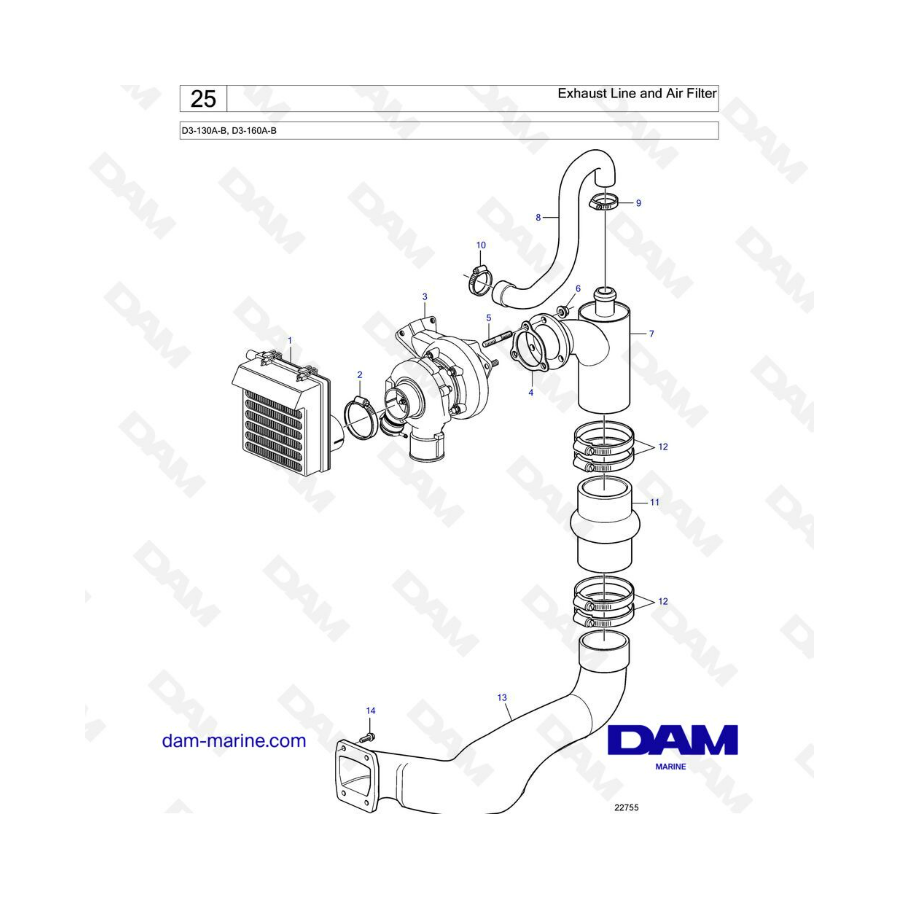 Volvo Penta D3-130A-B / D3-160A-B - Exhaust line & air filter