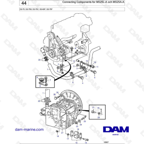 Volvo Penta D2-75 / D2-75B / D2-75C / D2-60F / D2-75F - Componentes de conexión para MS25L-A y MS25A-A