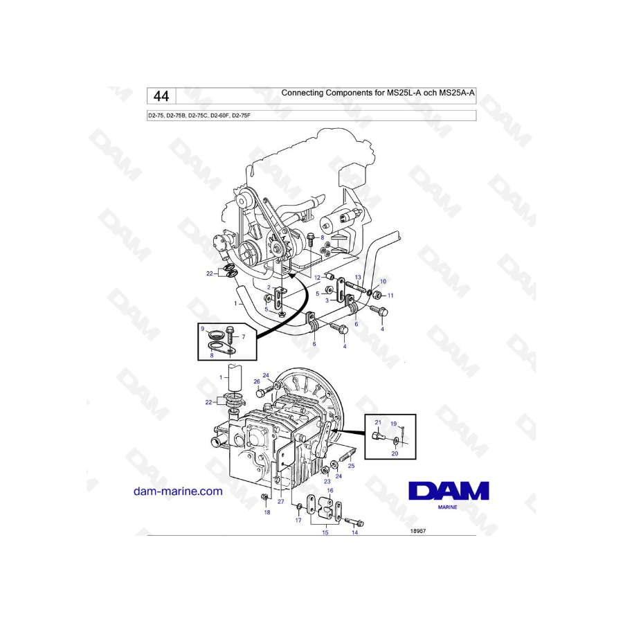 Volvo Penta D2-75 / D2-75B / D2-75C / D2-60F / D2-75F - Componentes de conexión para MS25L-A y MS25A-A