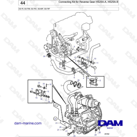 Volvo Penta D2-75 / D2-75B / D2-75C / D2-60F / D2-75F - Kit de conexión para marcha atrás HS25A-A, HS25A-B