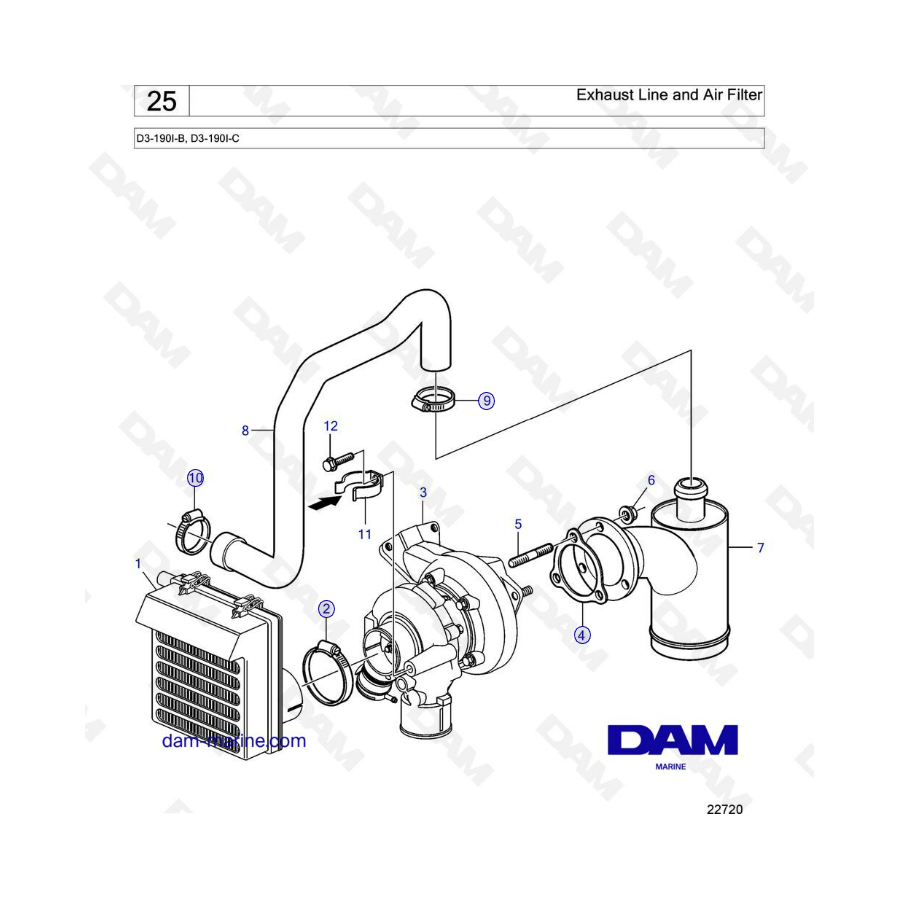 Volvo Penta D3-190I-B, D3-190I-C - Exhaust Line & Air filter