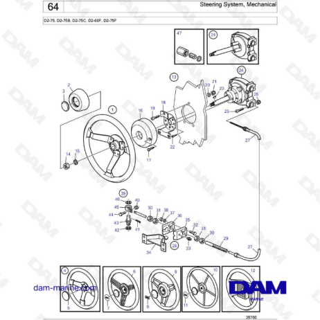 Volvo Penta D2-75 / D2-75B / D2-75C / D2-60F / D2-75F - Sistema de dirección, mecánico