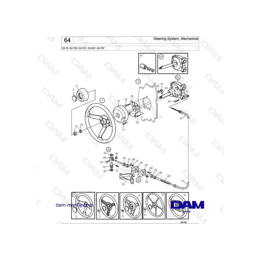 Volvo Penta D2-75 / D2-75B / D2-75C / D2-60F / D2-75F - Sistema de dirección, mecánico