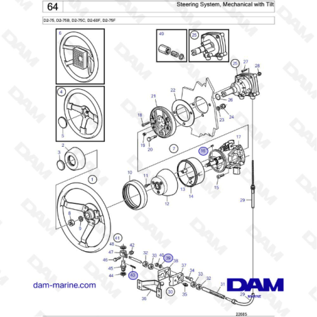 Volvo Penta D2-75 / D2-75B / D2-75C / D2-60F / D2-75F - Sistema de dirección, mecánico con inclinación