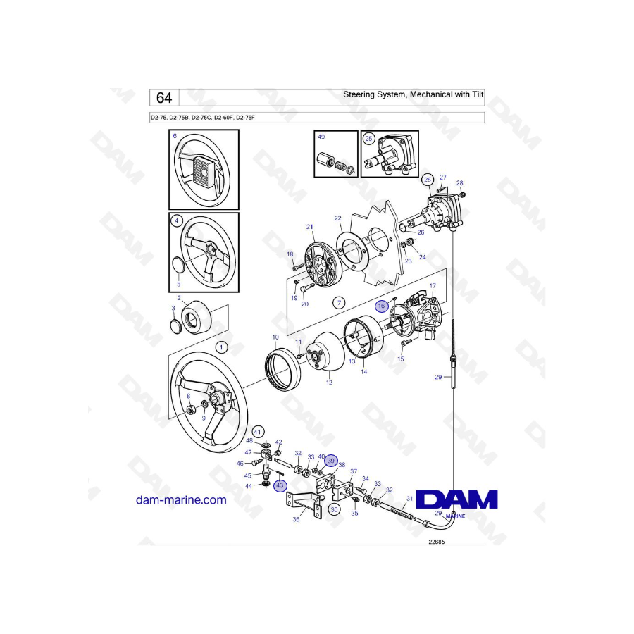 Volvo Penta D2-75 / D2-75B / D2-75C / D2-60F / D2-75F - Sistema de dirección, mecánico con inclinación