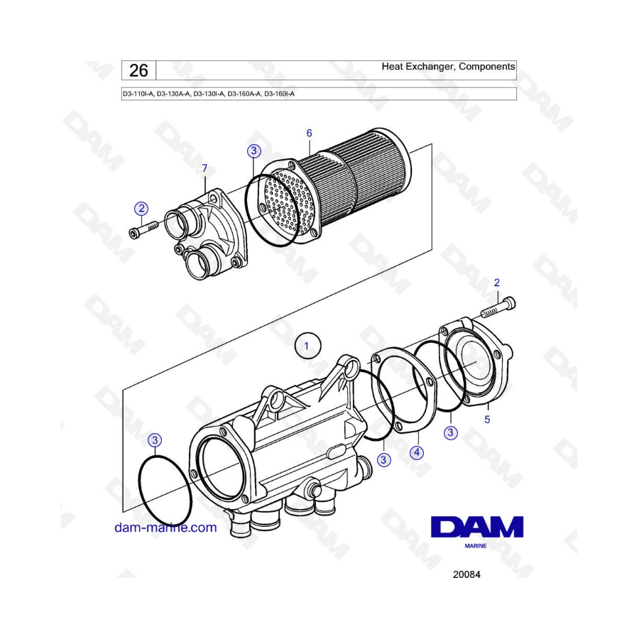 Volvo Penta D3-110I-A, D3-130A-A, D3-130I-A, D3-160A-A, D3-160I-A - Heat exchanger, components