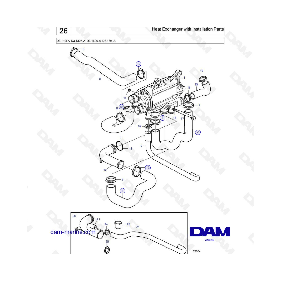 Volvo Penta D3-110I-A, D3-130A-A, D3-160A-A, D3-160I-A - Heat exchanger with installation parts