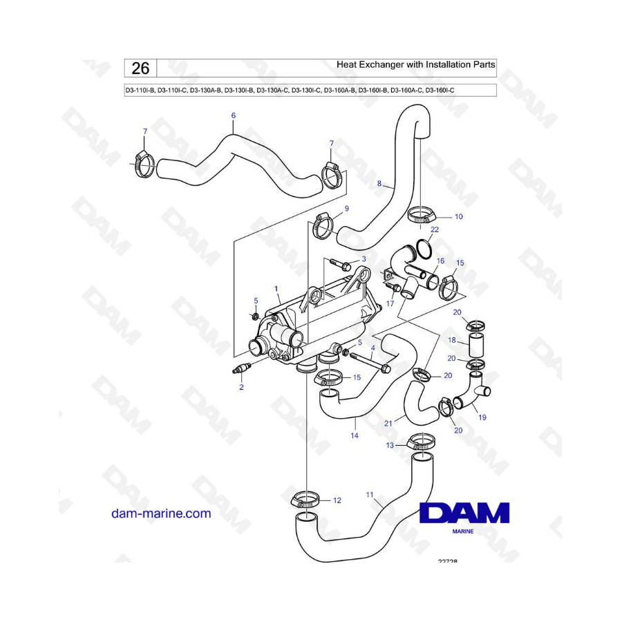 Volvo Penta D3-110 / D3-130 / D3-160 - Heat exchanger with installation parts