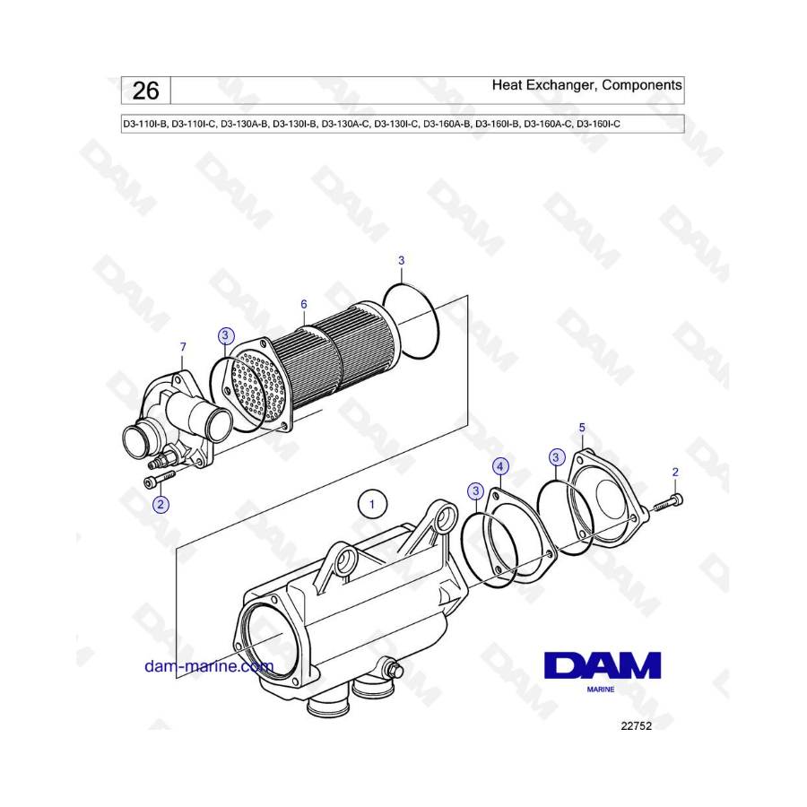 Volvo Penta D3-110 / D3-130 / D3-160 - Componentes del intercambiador de calor