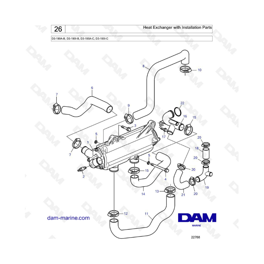 Volvo Penta D3-190A-B, D3-190I-B, D3-190A-C, D3-190I-C - Heat exchanger with installation parts