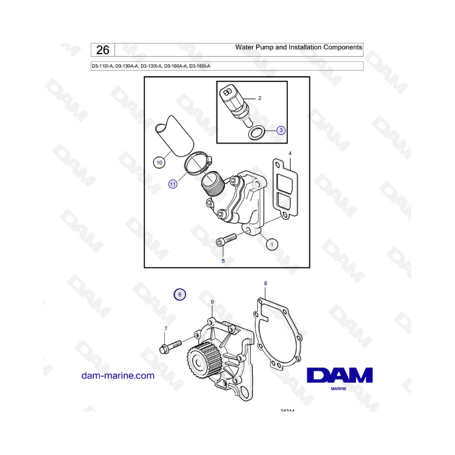 Volvo Penta D3-110I-A, D3-130A-A, D3-130I-A, D3-160A-A, D3-160I-A - Bomba de agua y componentes de instalación