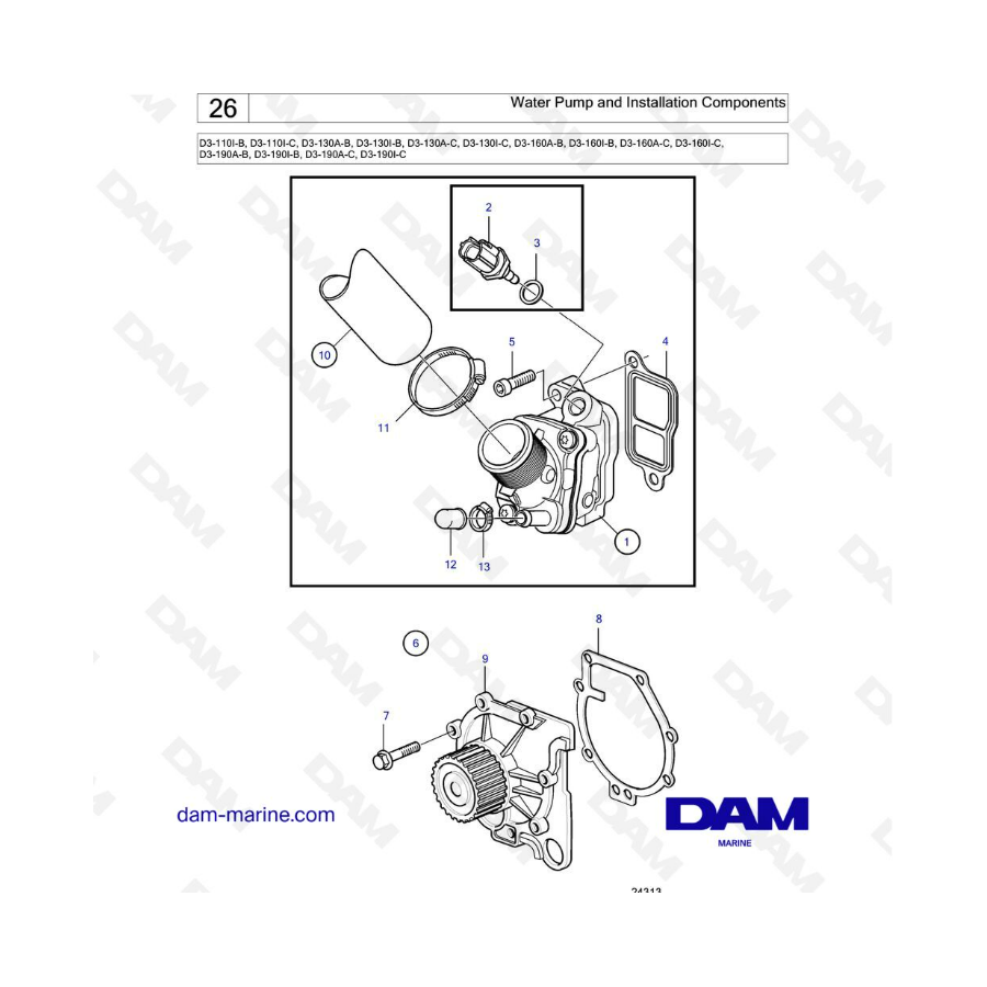 Volvo Penta D3-110 / D3-130 / D3-160 / D3-190 - Bomba de agua y componentes de instalación