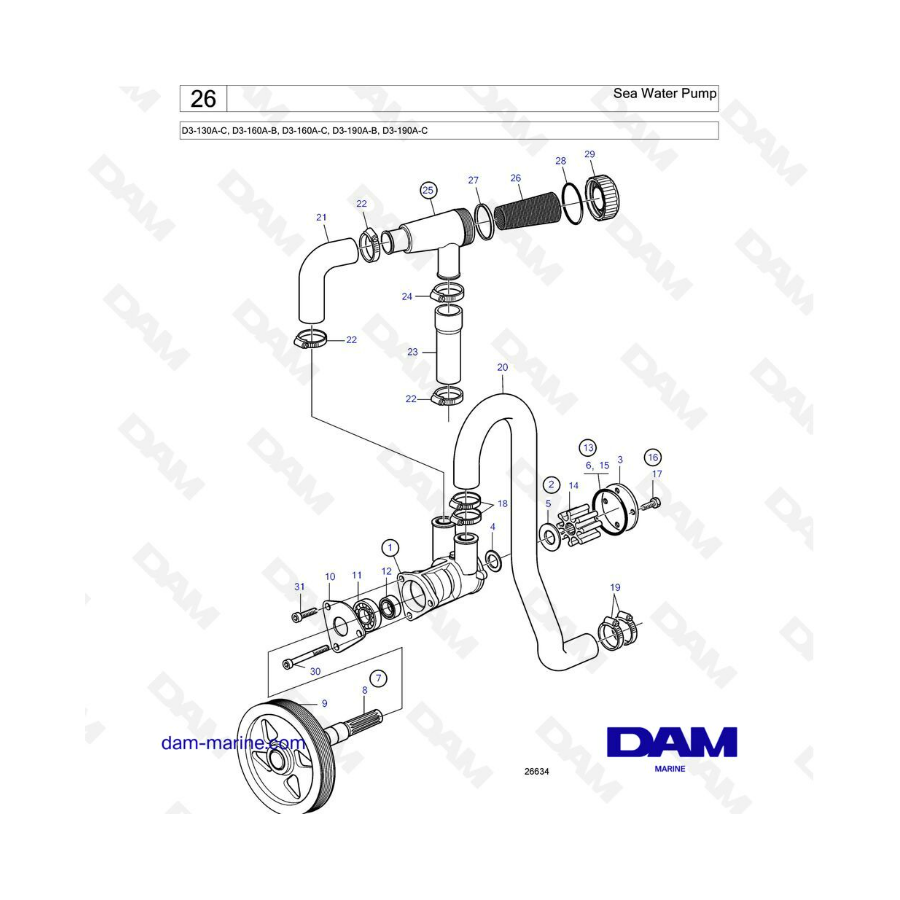 Volvo Penta D3-130A-C, D3-160A-B, D3-160A-C, D3-190A-B, D3-190A-C - Bomba de agua de mar