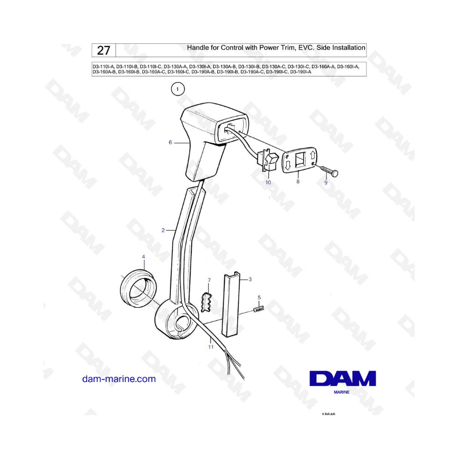 Volvo Penta D3-110 / D3-130 / D3-160 / D3-190 - Manija para control con power trim, EVC, Instalación lateral