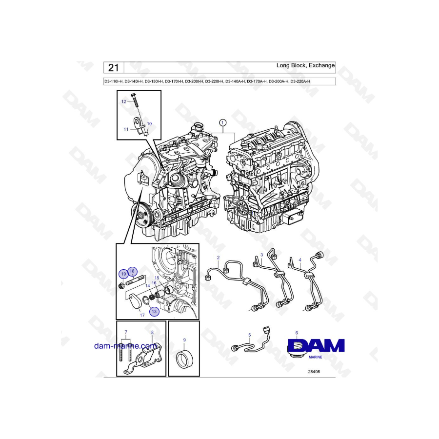 Volvo Penta D3-110I-H / D3-140I-H / D3-150I-H / D3-170I-H / D3-200I-H / D3-220I-H / D3-140A-H / D3-170A-H - Bloque largo, Interc