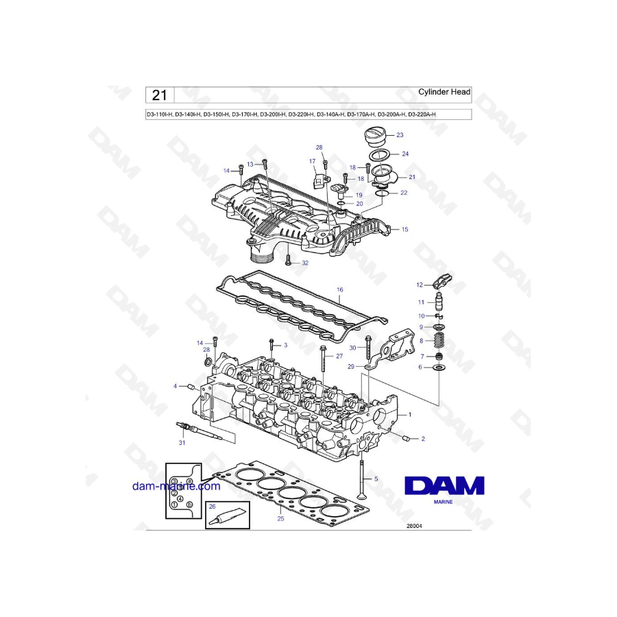 Volvo Penta D3-110I-H / D3-140I-H / D3-150I-H / D3-170I-H / D3-200I-H / D3-220I-H / D3-140A-H / D3-170A-H - Cabeza de cilindro