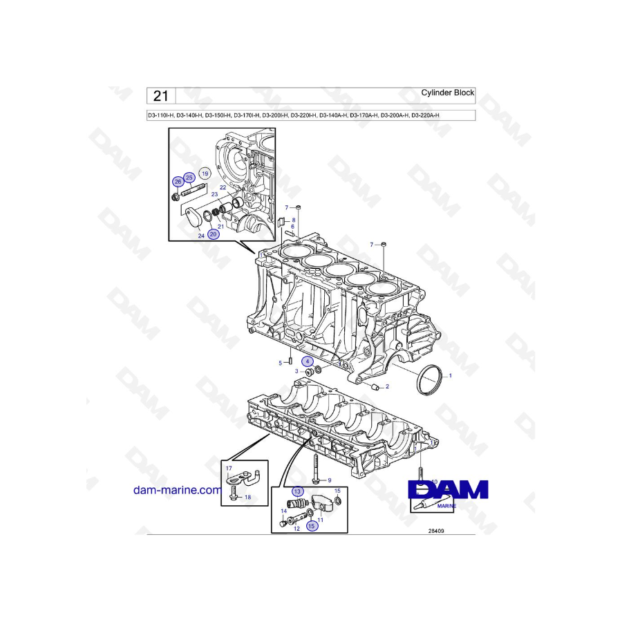 Volvo Penta D3-110I-H / D3-140I-H / D3-150I-H / D3-170I-H / D3-200I-H / D3-220I-H / D3-140A-H / D3-170A-H - Bloque cilíndrico