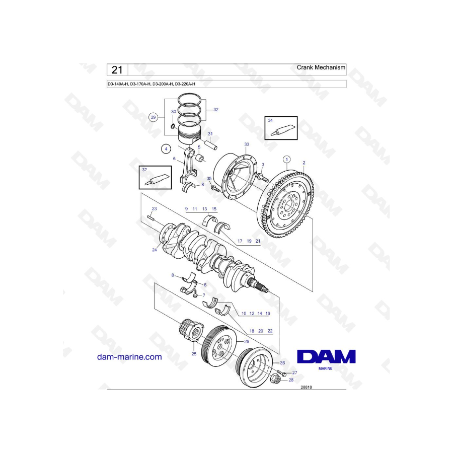 Volvo Penta D3-140A-H / D3-170AH / D3-200A-H / D3-220A-H - Crank Mechanism