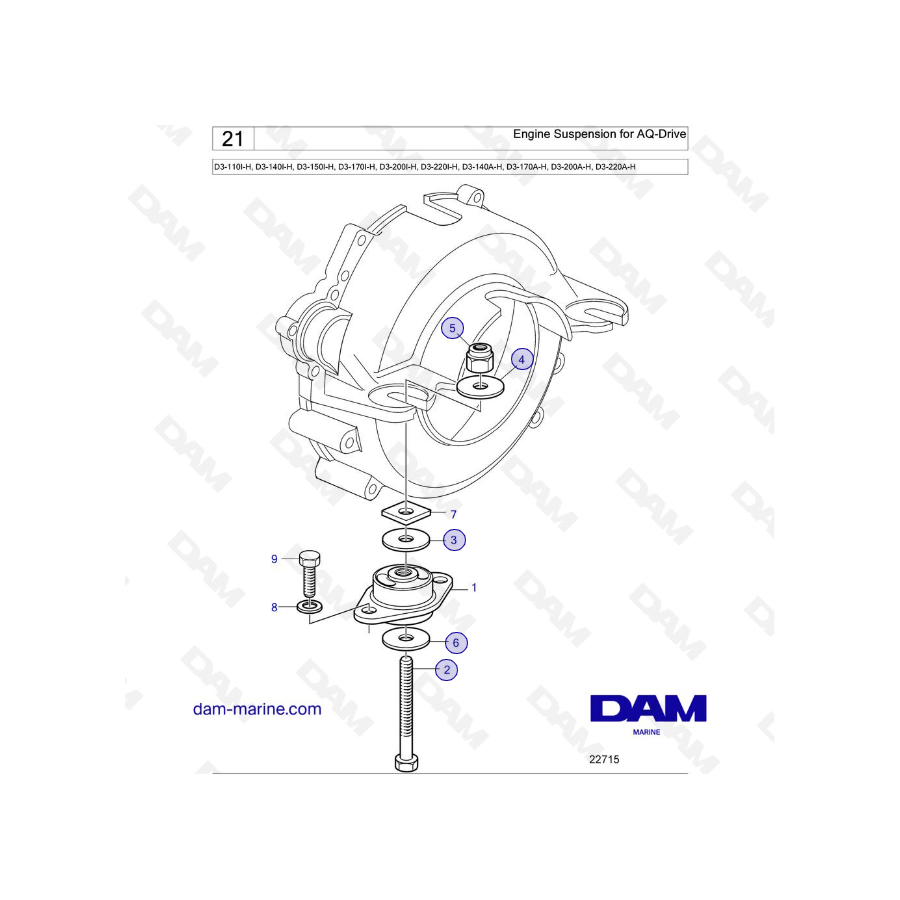 Volvo Penta D3-110I-H / D3-140I-H / D3-150I-H / D3-170I-H / D3-200I-H / D3-220I-H / D3-140A-H - Engine Suspension for AQ-Drive