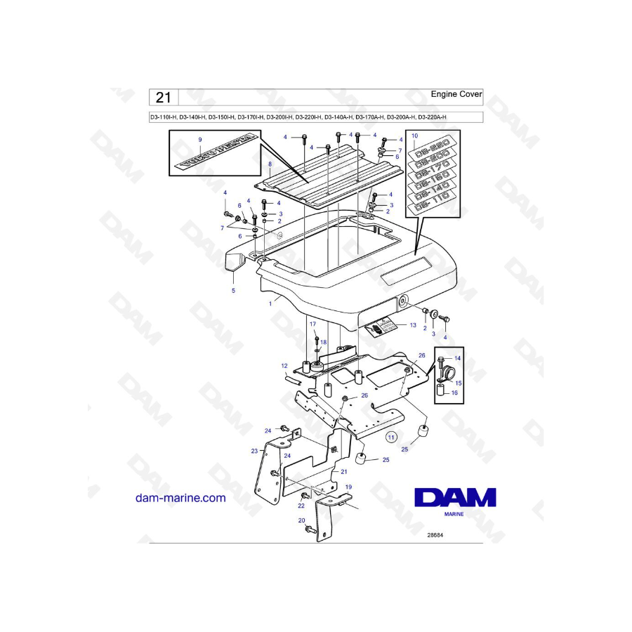 Volvo Penta D3-110I-H / D3-140I-H / D3-150I-H / D3-170I-H / D3-200I-H / D3-220I-H / D3-140A-H / D3-170A-H - Cubierta del motor