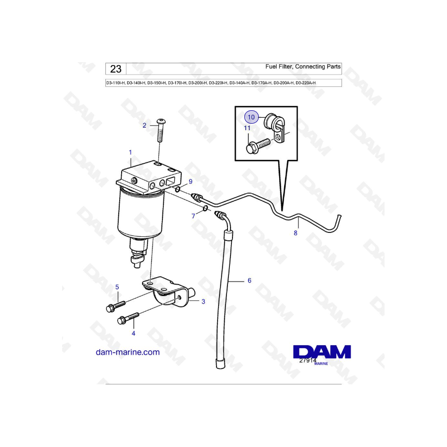 Volvo Penta D3-110I-H / D3-140I-H / D3-150I-H / D3-170I-H / D3-200I-H / D3-220I-H / D3-140A-H - Fuel Filter, Connecting Parts