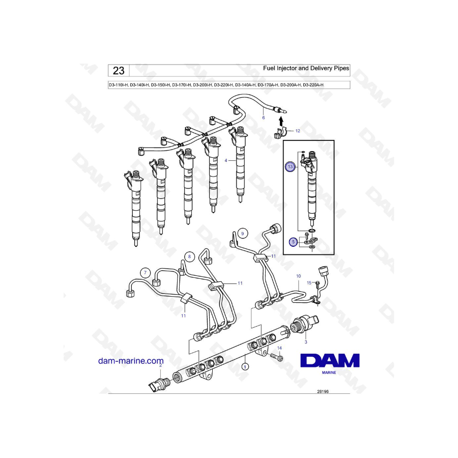 Volvo Penta D3-110I-H / D3-140I-H / D3-150I-H / D3-170I-H / D3-200I-H / D3-220I-H / D3-140A-H - Fuel Injector and Delivery Pipes