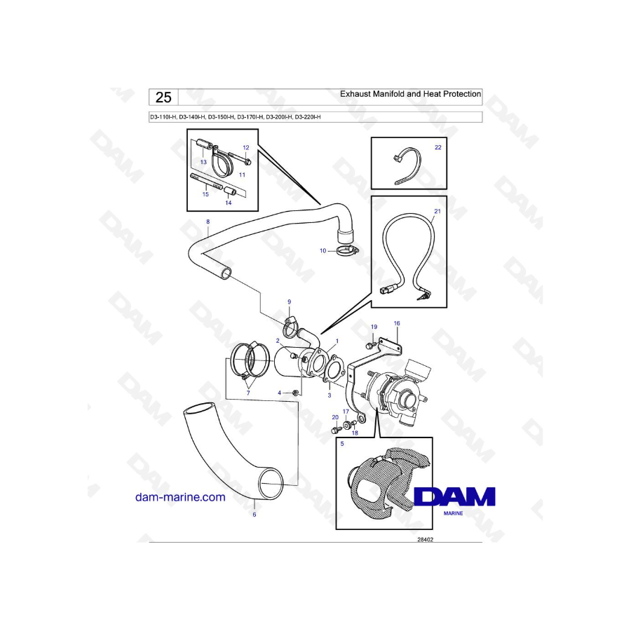 Volvo Penta D3-110I-H / D3-140I-H / D3-150I-H / D3-170I-H / D3-200I-H / D3-220I-H - Colector de escape y protección térmica