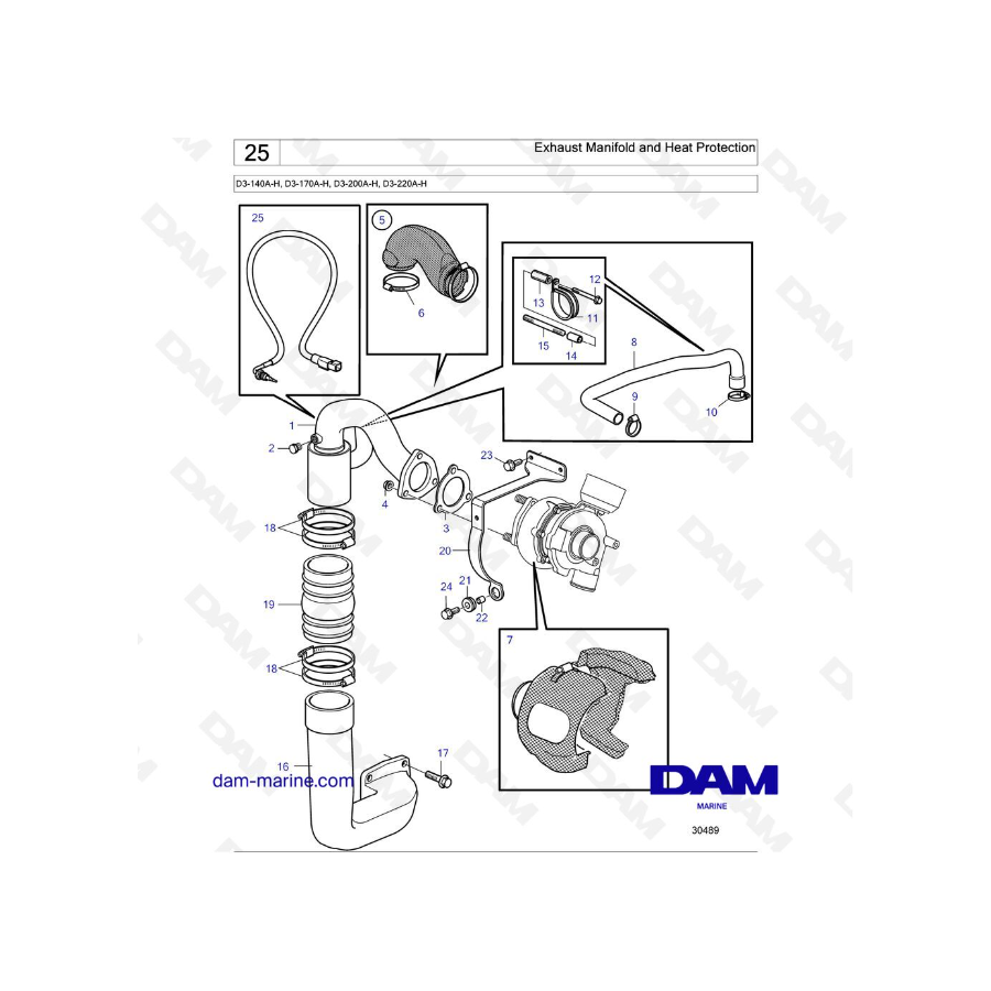 Volvo Penta D3-140A-H / D3-150A-H / D3-170A-H / D3-200A-H / D3-220A-H - Colector de escape y protección térmica