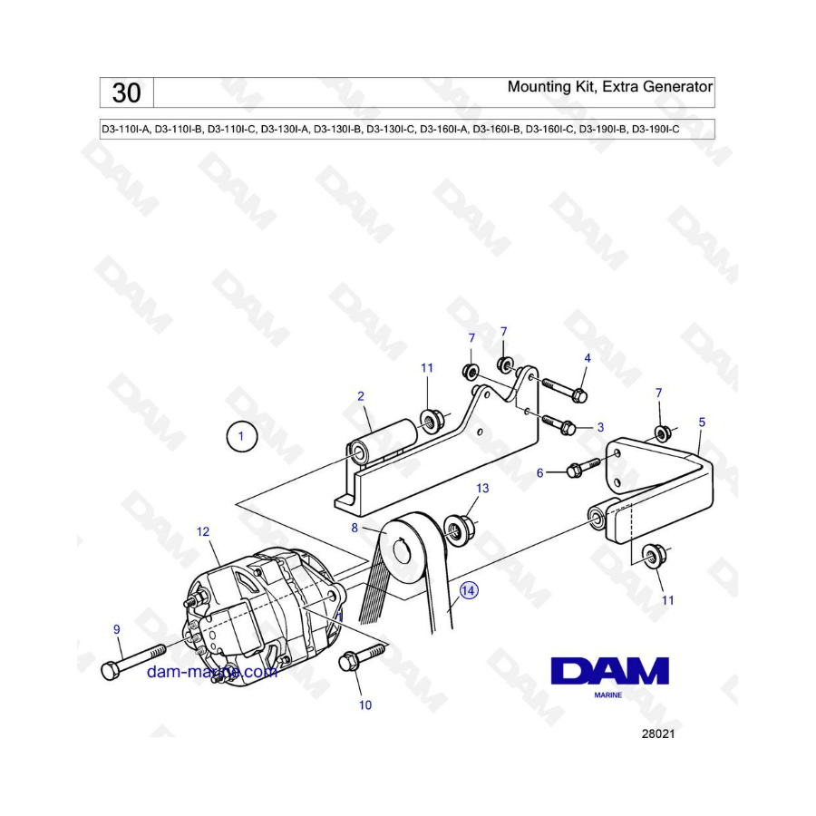 Volvo Penta D3-110 / D3-130 / D3-160 / D3-190 - Mounting kit, extra generator