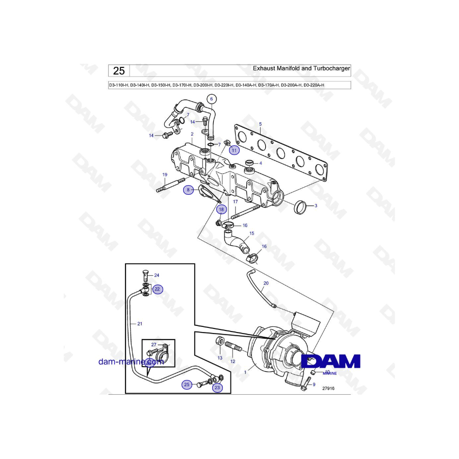 Volvo Penta D3-110I-H / D3-140I-H / D3-150I-H / D3-170I-H / D3-200I-H / D3-220I-H - Colector de escape y turbocompresor