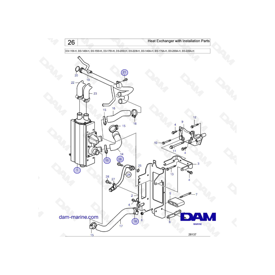 Volvo Penta D3-110I-H / D3-140I-H / D3-150I-H / D3-170I-H / D3-200I-H / D3-220I-H - Intercambiador de calor con piezas de instal