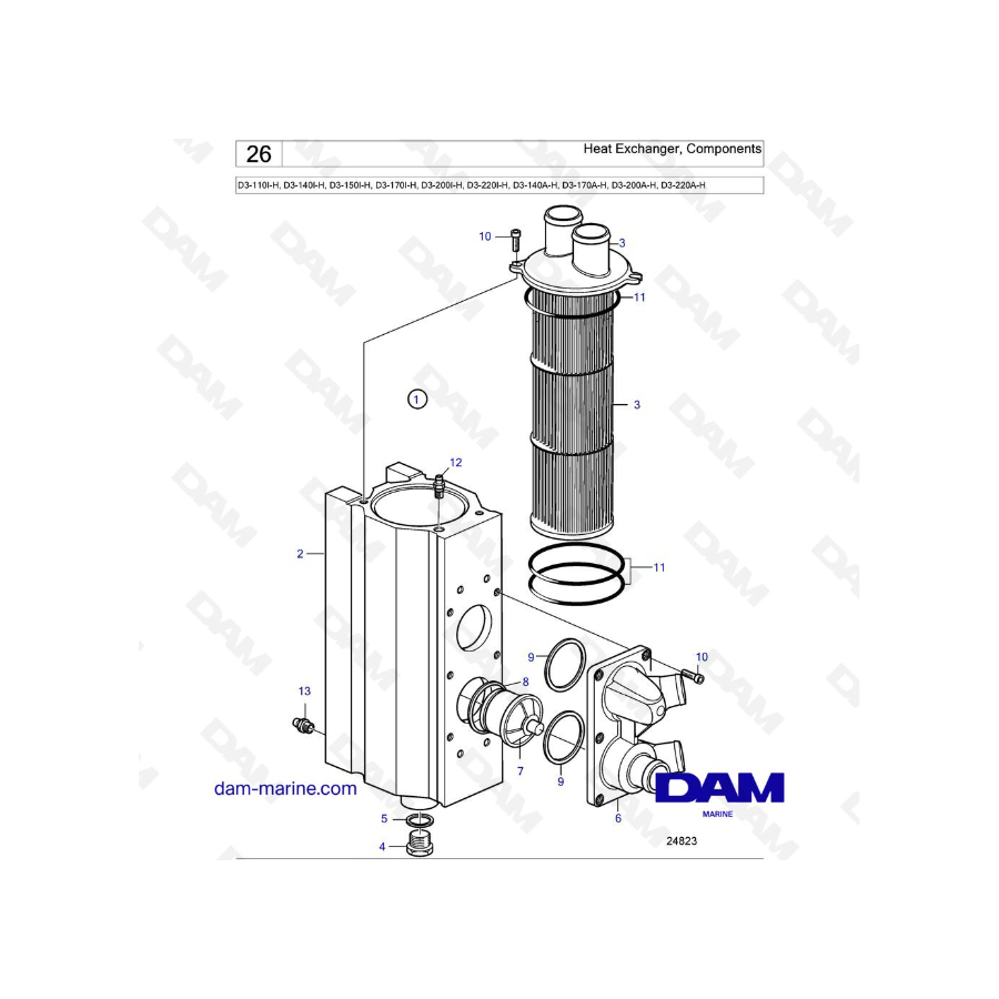 Volvo Penta D3-110I-H / D3-140I-H / D3-150I-H / D3-170I-H / D3-200I-H / D3-220I-H / D3-140A-H - Heat Exchanger, Components