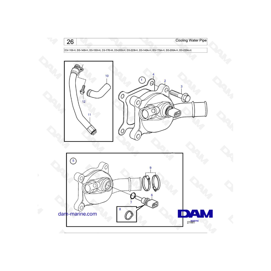 Volvo Penta D3-110I-H / D3-140I-H / D3-150I-H / D3-170I-H / D3-200I-H / D3-220I-H / D3-140A-H / D3-170A-H - Cooling Water Pipe