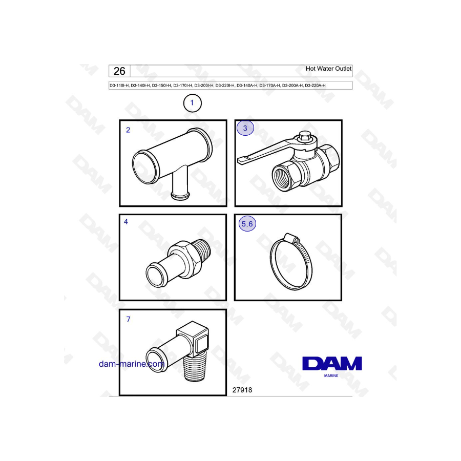 Volvo Penta D3-110I-H / D3-140I-H / D3-150I-H / D3-170I-H / D3-200I-H / D3-220I-H / D3-140A-H / D3-170A-H - Hot Water Outlet