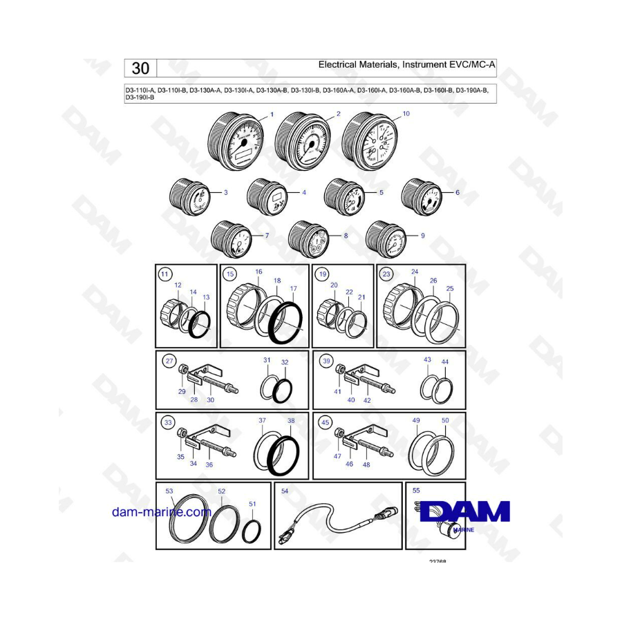 Volvo Penta D3-110 / D3-130 / D3-160 / D3-190 - Electrical Materials, EVC/MC-A instrument 