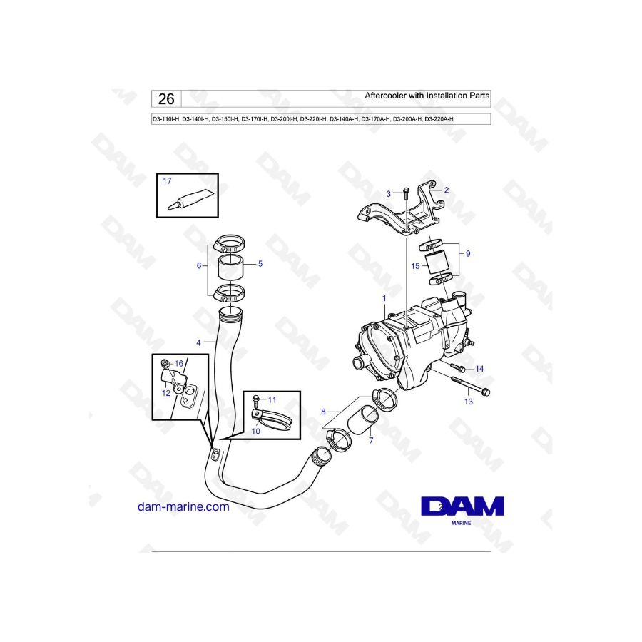 Volvo Penta D3-110I-H / D3-140I-H / D3-150I-H / D3-170I-H / D3-200I-H / D3-220I-H - Aftercooler with Installation Parts