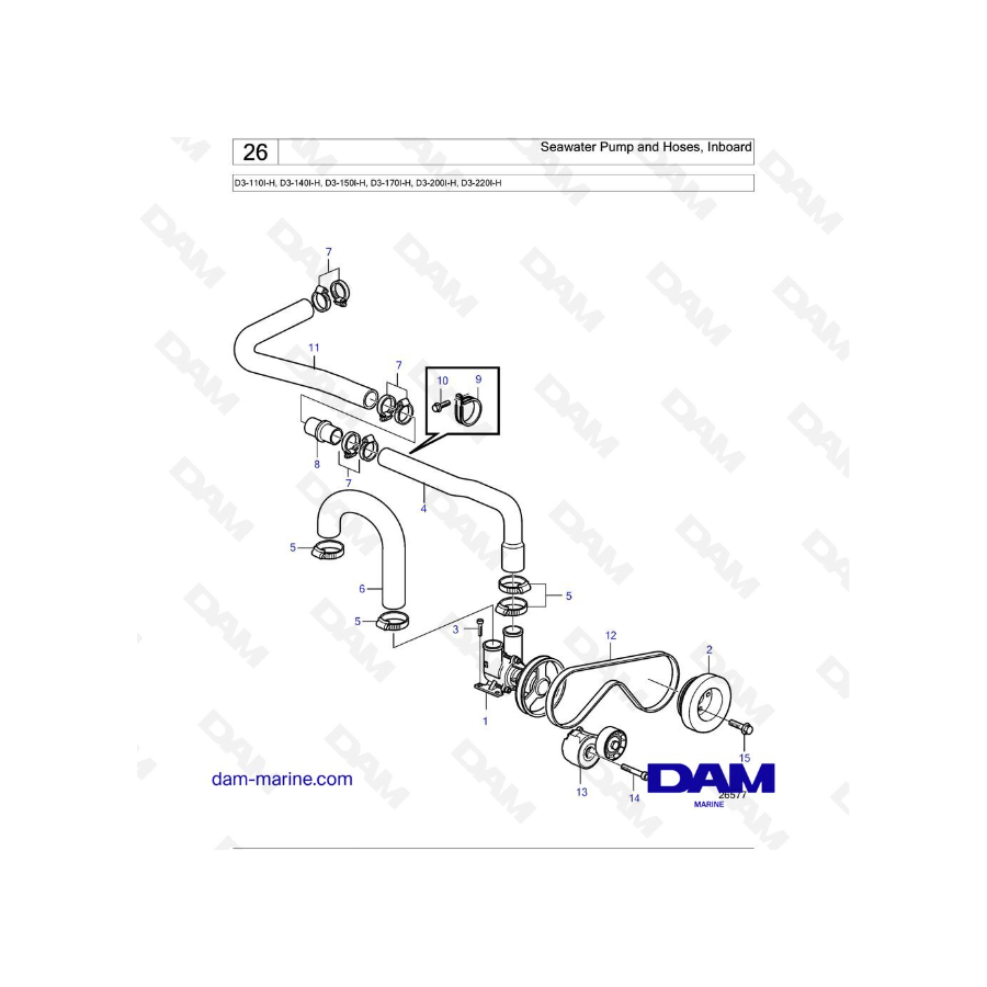 Volvo Penta D3-110I-H / D3-140I-H / D3-150I-H / D3-170I-H / D3-200I-H / D3-220I-H - Seawater Pump and Hoses, Inboard