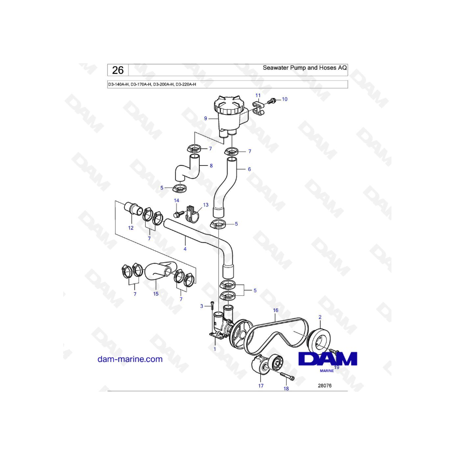 Volvo Penta D3-140A-H / D3-170A-H / D3-200A-H / D3-220A-H - Bomba de agua de mar y mangueras AQ