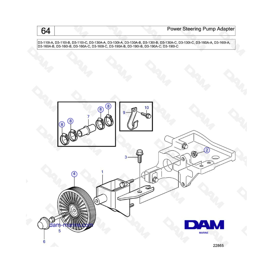 Volvo Penta D3-110 / D3-130 / D3-160 / D3-190 - Adaptador de bomba de dirección asistida